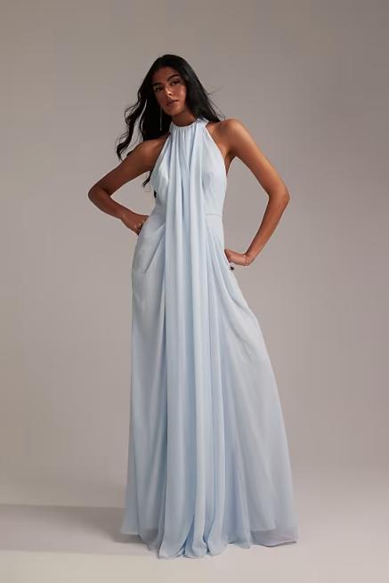 Grecian Draped Halter Maxi Dress In Light Blue