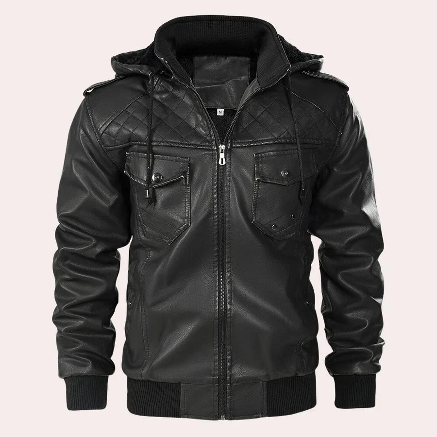 Kyriakos - elegant men's leather jacket with trendy hoodie