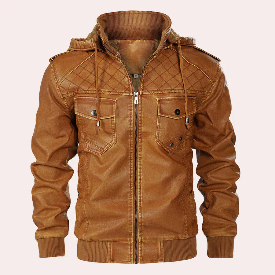 Kyriakos - elegant men's leather jacket with trendy hoodie