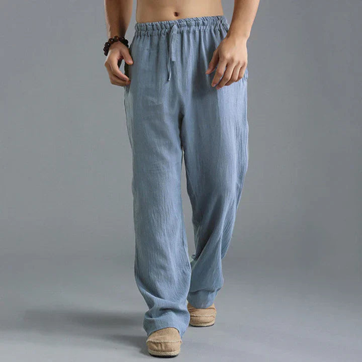 Summer trousers - linen men's straight-leg trousers with loose fit and drawstring waist