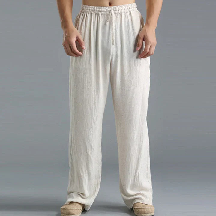 Summer trousers - linen men's straight-leg trousers with loose fit and drawstring waist