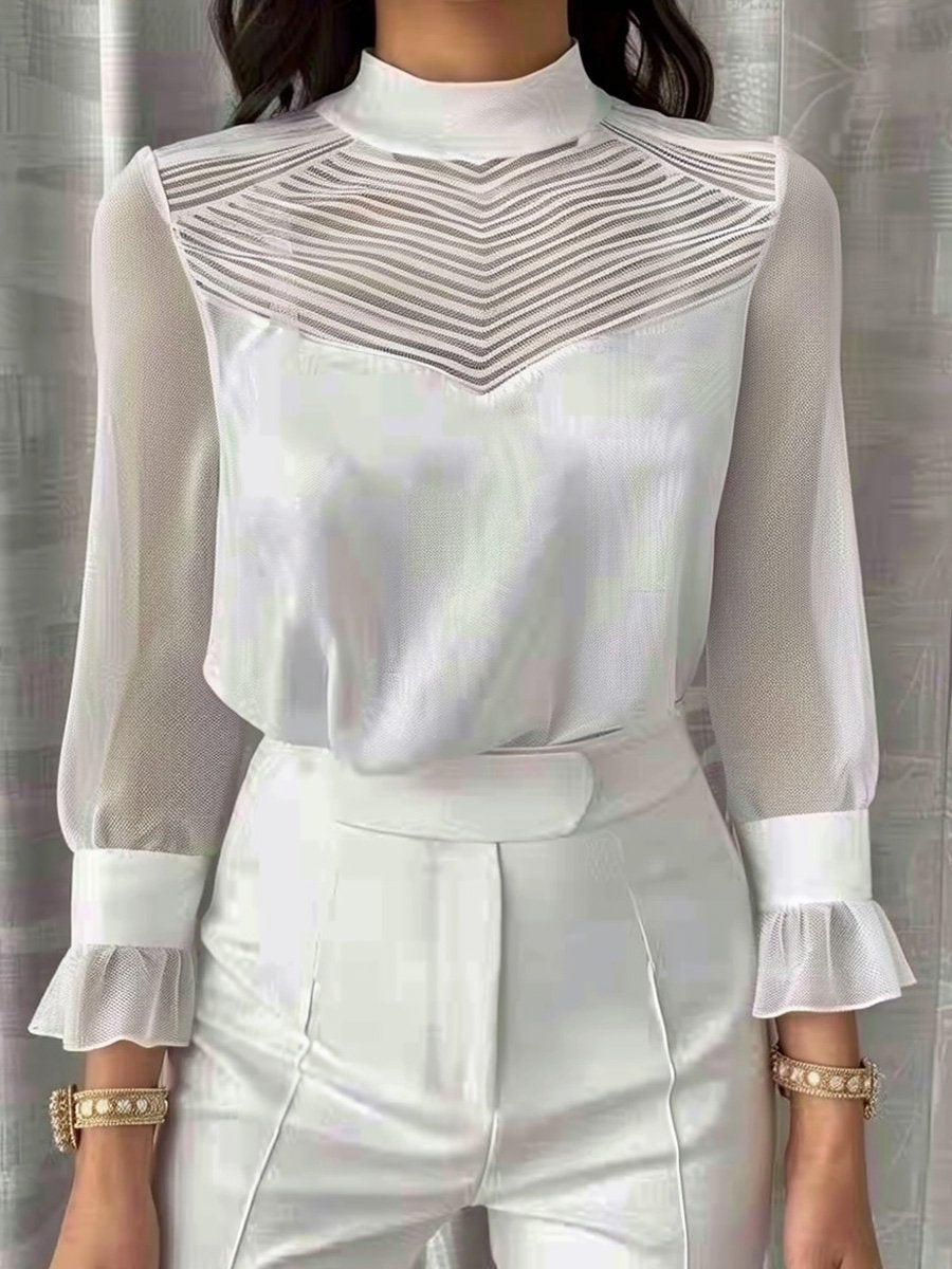 Mock Neck Mesh Long Sleeve Elegant Blouse