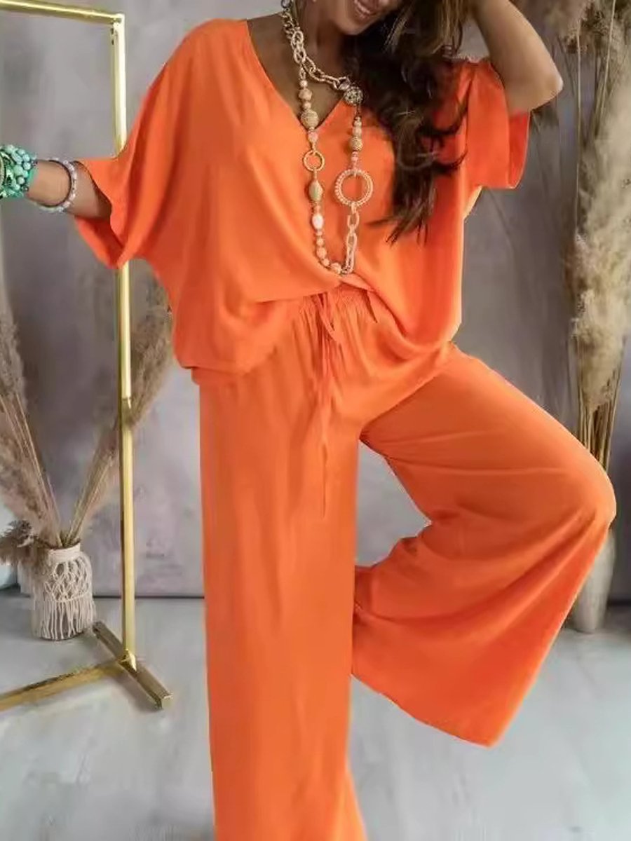 V-Neck Bat Sleeve T-Shirt Wide-Leg Pants Set
