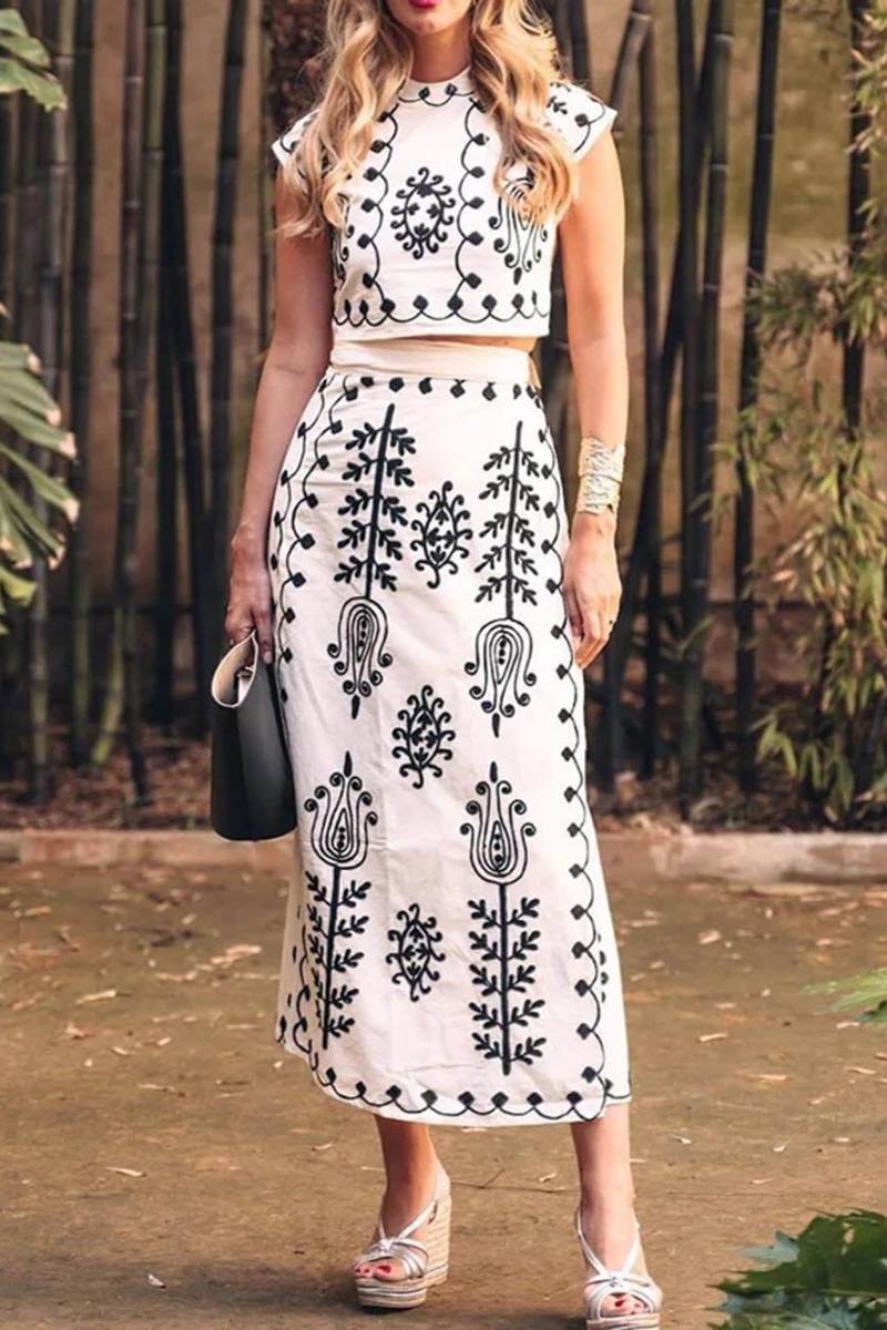 Ethnic Print Crop Top & Tire-up Wrap Midi Skirts Set