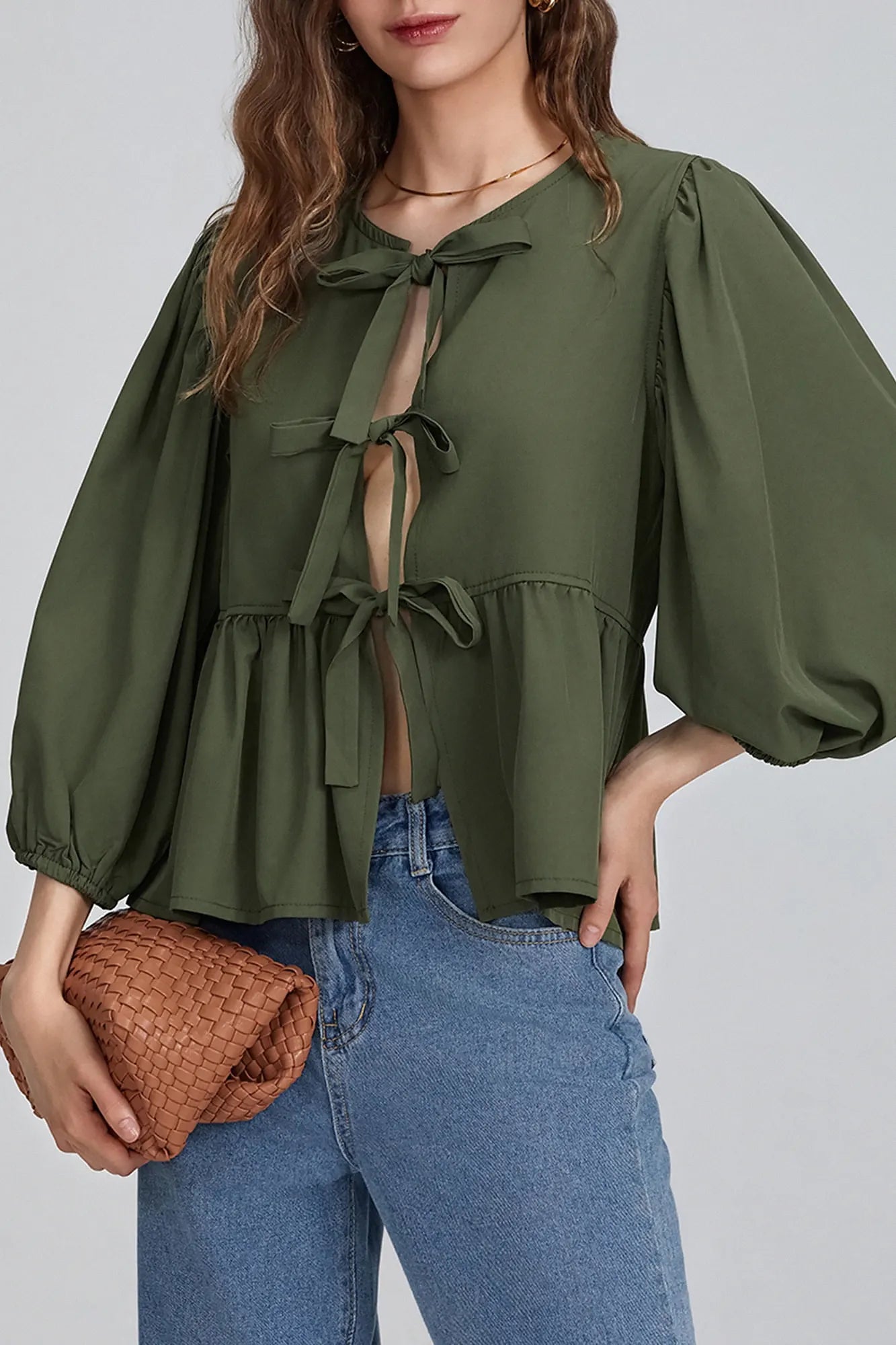 Puff Sleeve Peplum Bow Ties Blouse Top