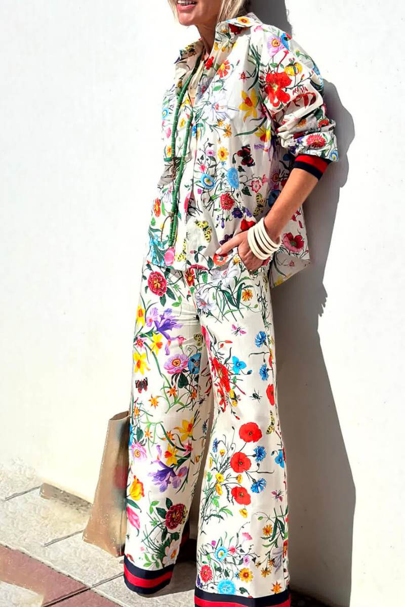 Floral Unique Print Elastic Waist Pocketed Wide Leg Pants-Set