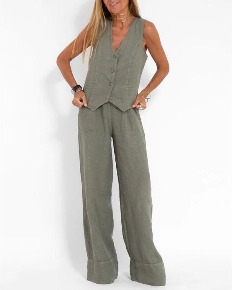 MELIA - Effortlessly Chic Sleeveless Vest And Wide Leg Pants Set