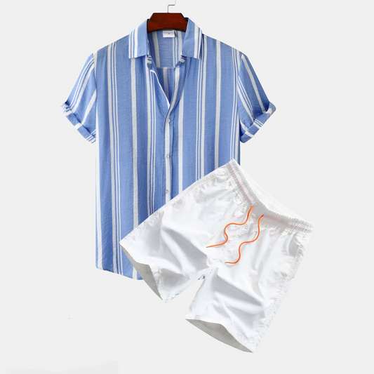 Shirt and Swim Shorts with Striped Pattern and Buttons