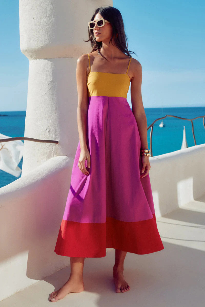 Vacation-Style Color Block Spaghetti Strap Dress