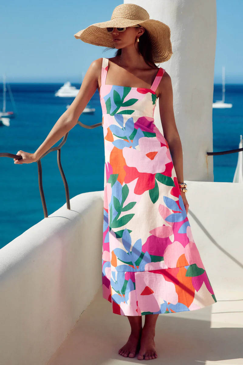 Vacation-Style French Floral Print Maxi Dress