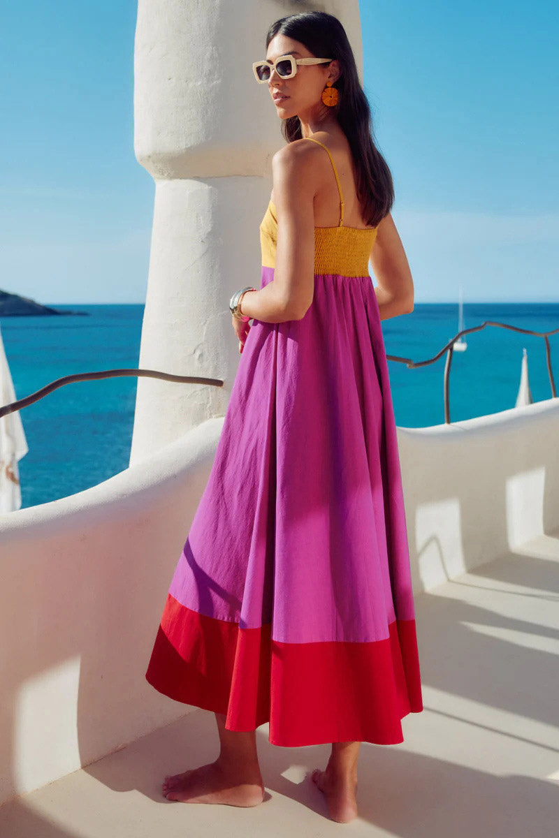 Vacation-Style Color Block Spaghetti Strap Dress