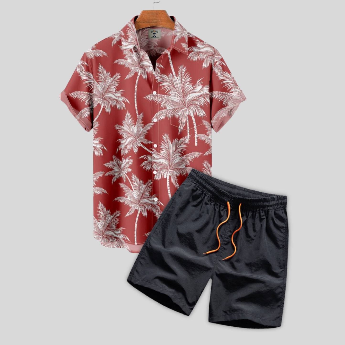 Shirt with Button Placket and Swim Shorts with Palm Print