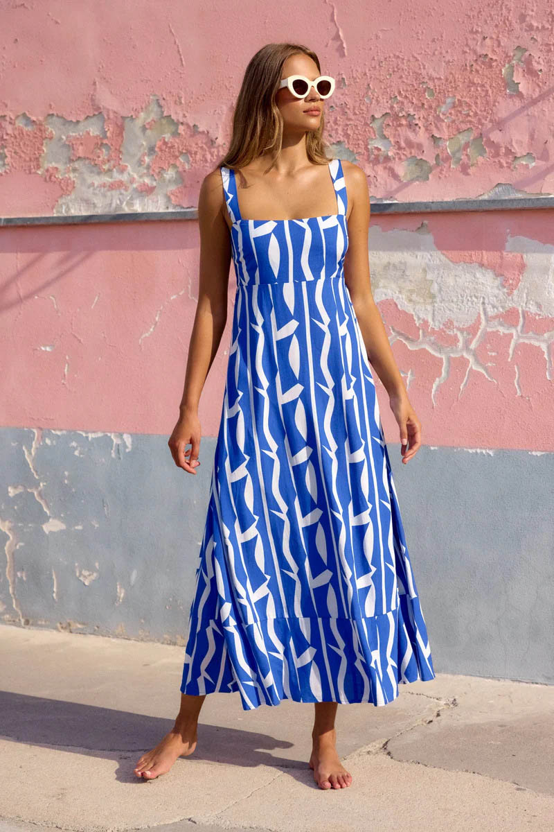 Vacation-Style French Floral Print Maxi Dress