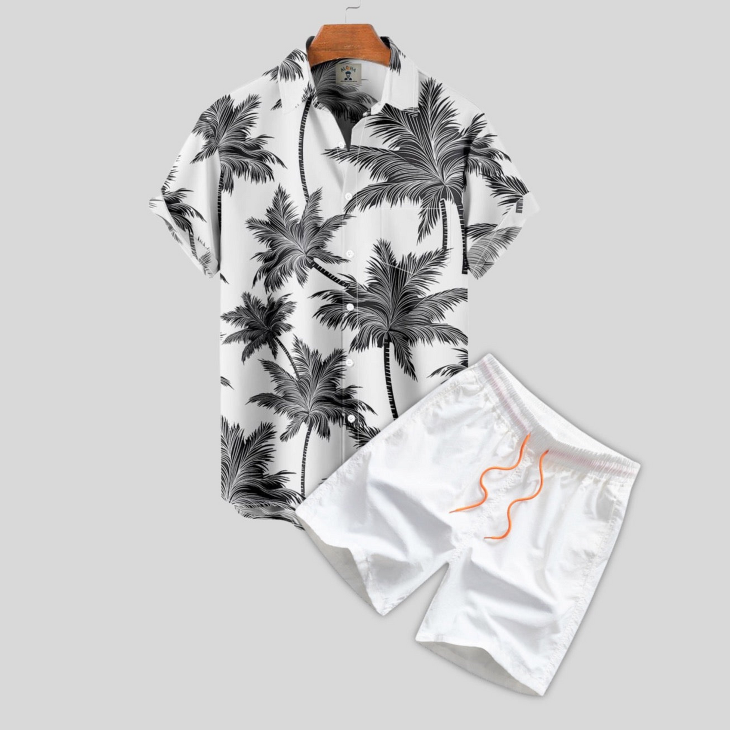 Shirt with Button Placket and Swim Shorts with Palm Print