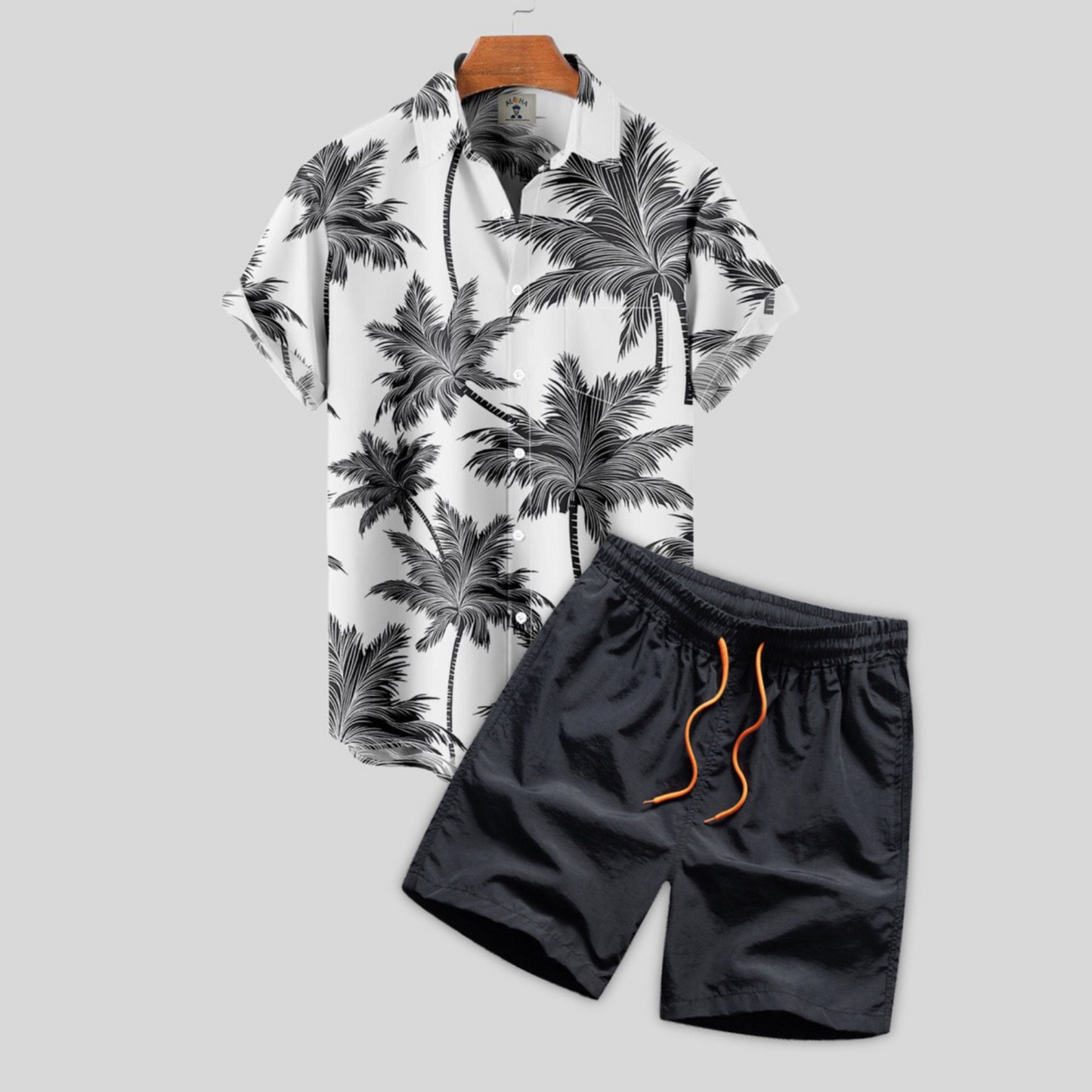 Shirt with Button Placket and Swim Shorts with Palm Print