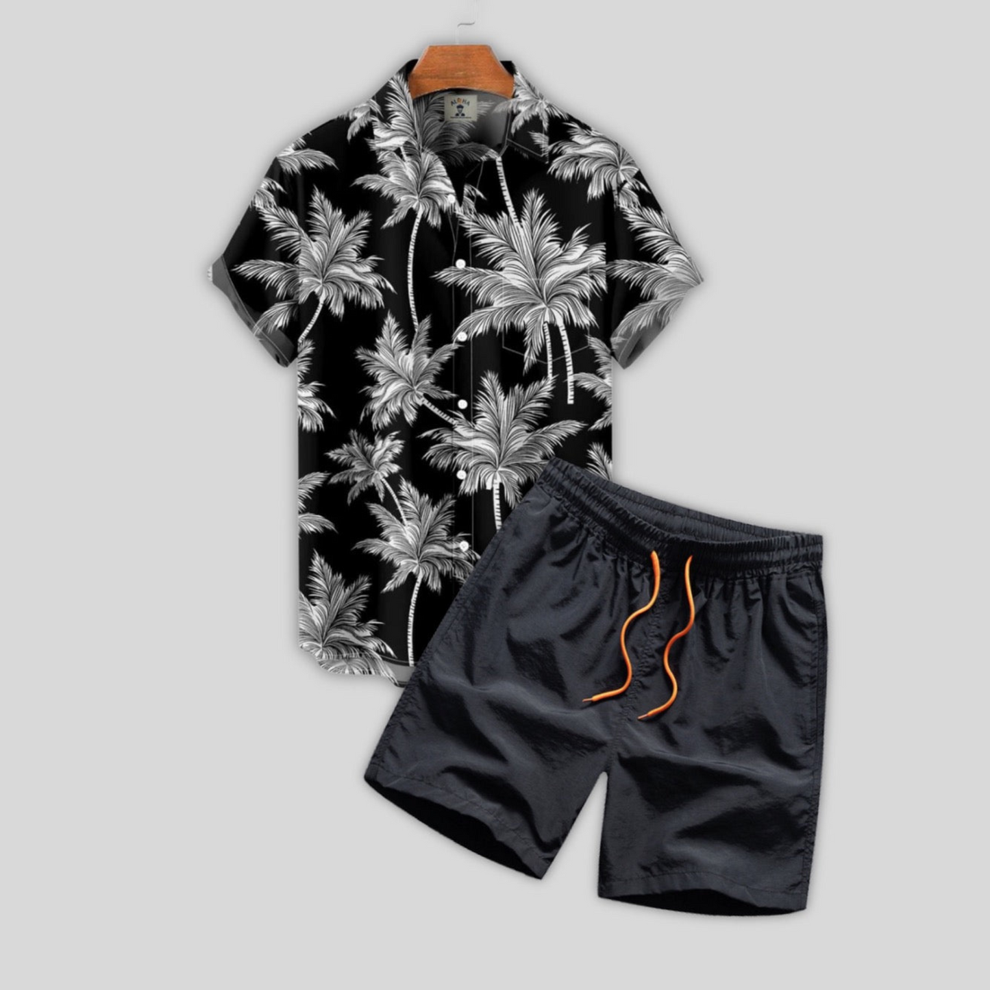 Shirt with Button Placket and Swim Shorts with Palm Print