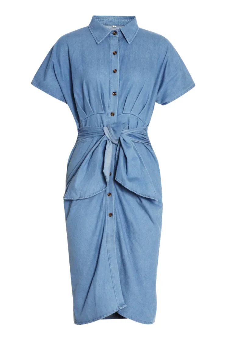 Gina Gathered Knotted Denim Midi Shirt Dress