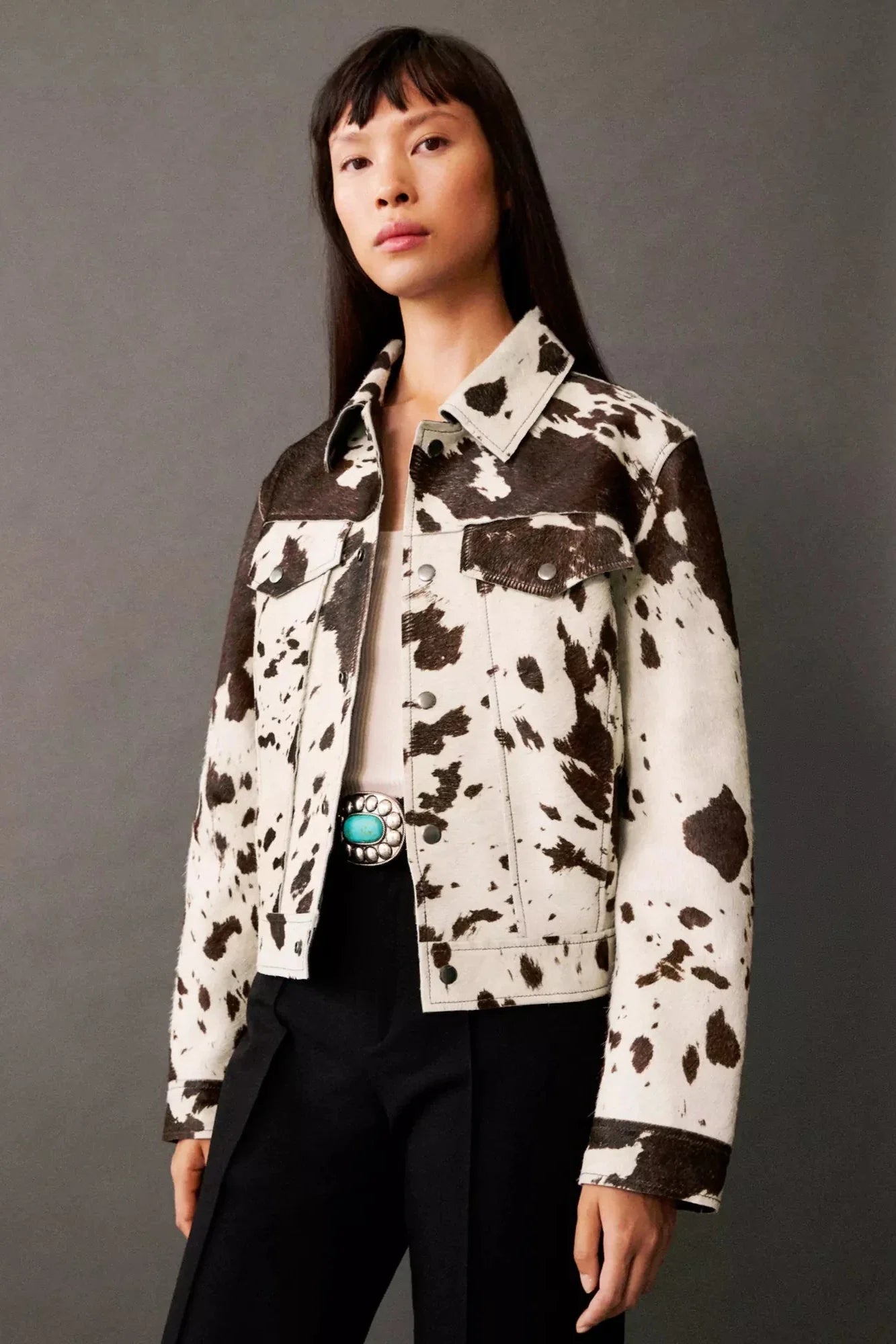 Cow Print Faux Fur Shirt-Style Jacket