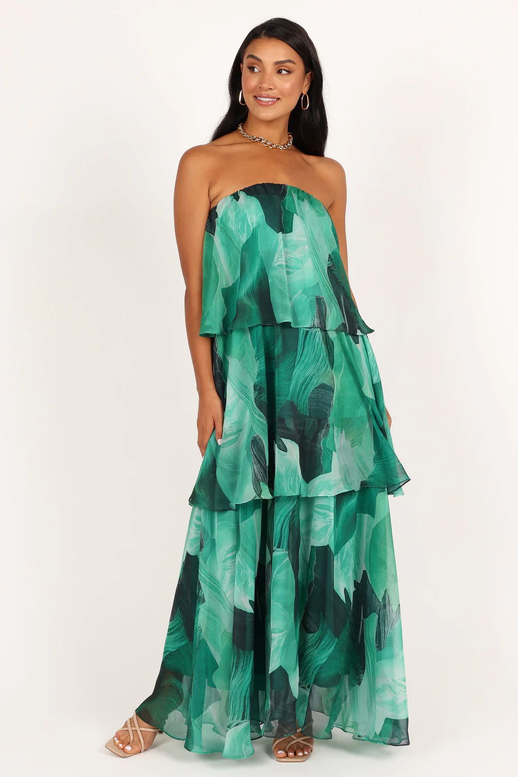 Calista Green Bloom Strapless Tiered Maxi Dress