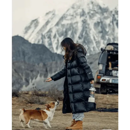 Women's coats made from long, large, fluffy down