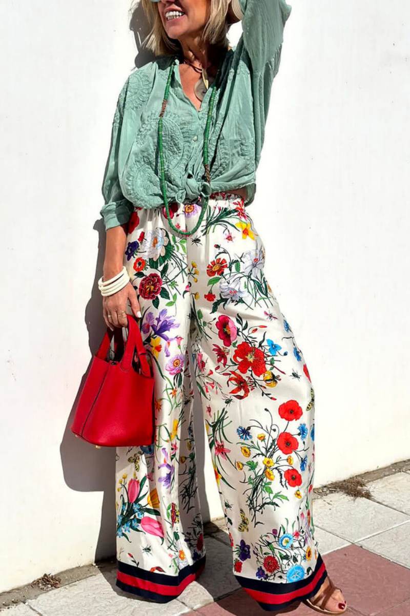 Floral Unique Print Elastic Waist Pocketed Wide Leg Pants-Set