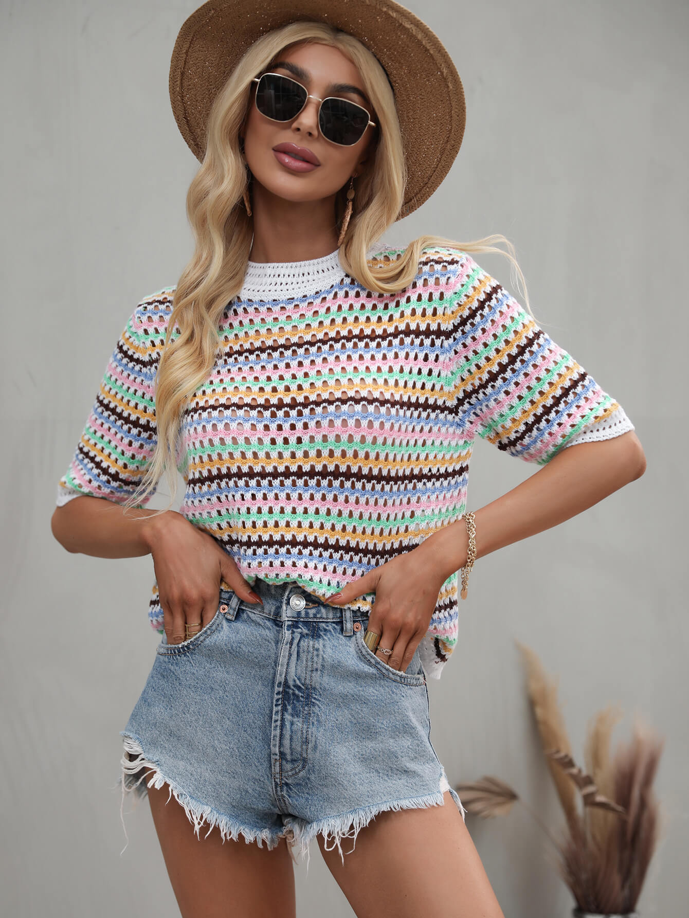 SAYLOR STRIPPED HALF SLEEVE KNIT TOP