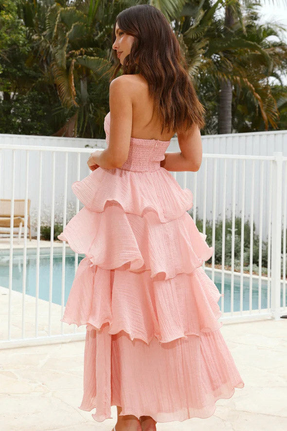 Sexy Chic Strapless Backless Tiered Midi Dress