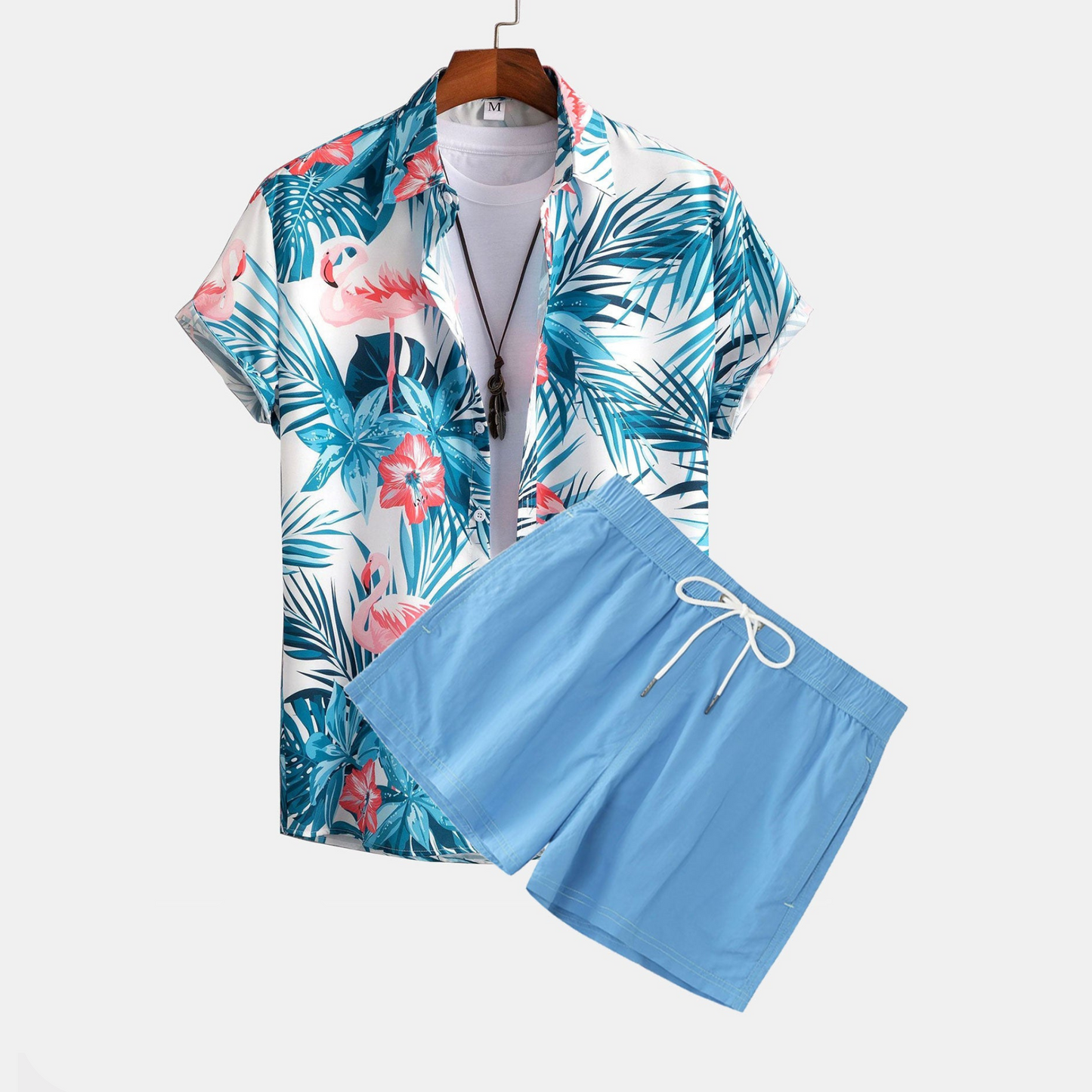 Buttoned Shirt with Tropical Flamingo Print and Short Swim Shorts