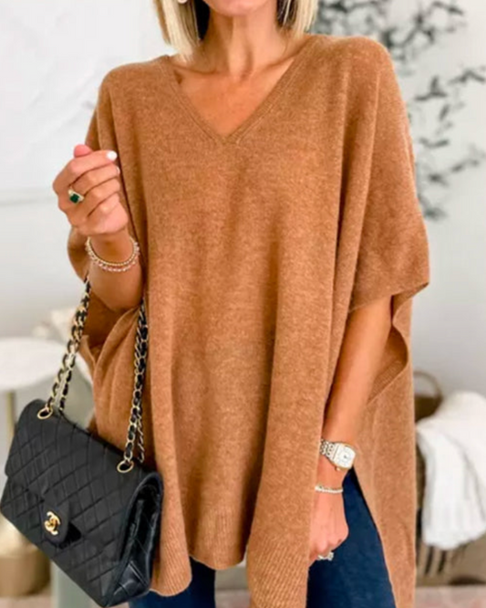 ERICA - V Neck Loose Fit Solid Poncho Sweater