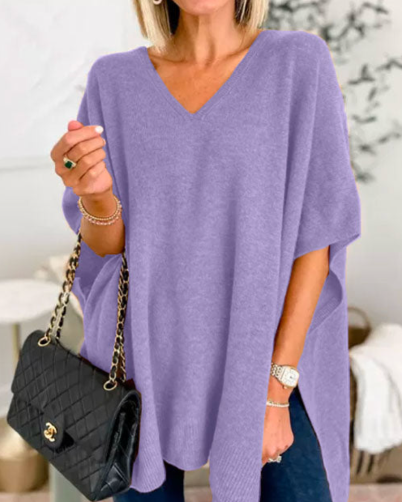 ERICA - V Neck Loose Fit Solid Poncho Sweater