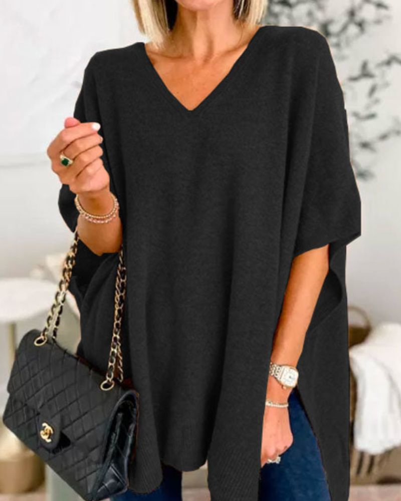 ERICA - V Neck Loose Fit Solid Poncho Sweater