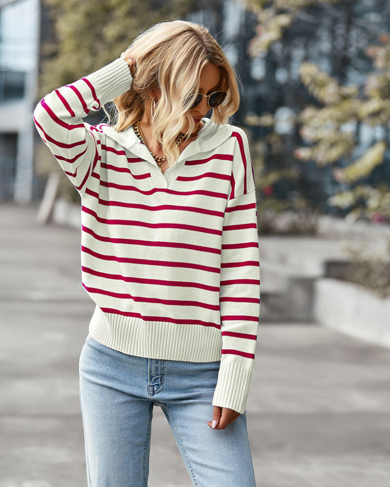 INA - STRIPPED SWEATER WITH V-NECK COLLAR