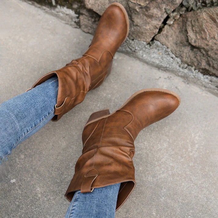 PU leather non-slip women's low heel cowboy boots - abrela