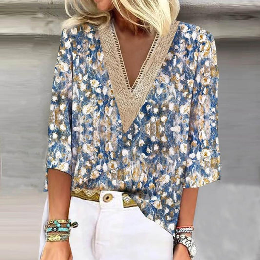 Elegant V-Neck Lace Detail Blouse