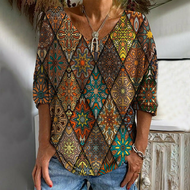 Vintage Geometric Print Long Sleeve T-Shirt