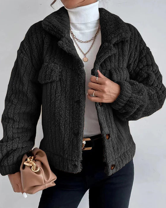 Casual - plain thick coat with lapel button and long sleeves