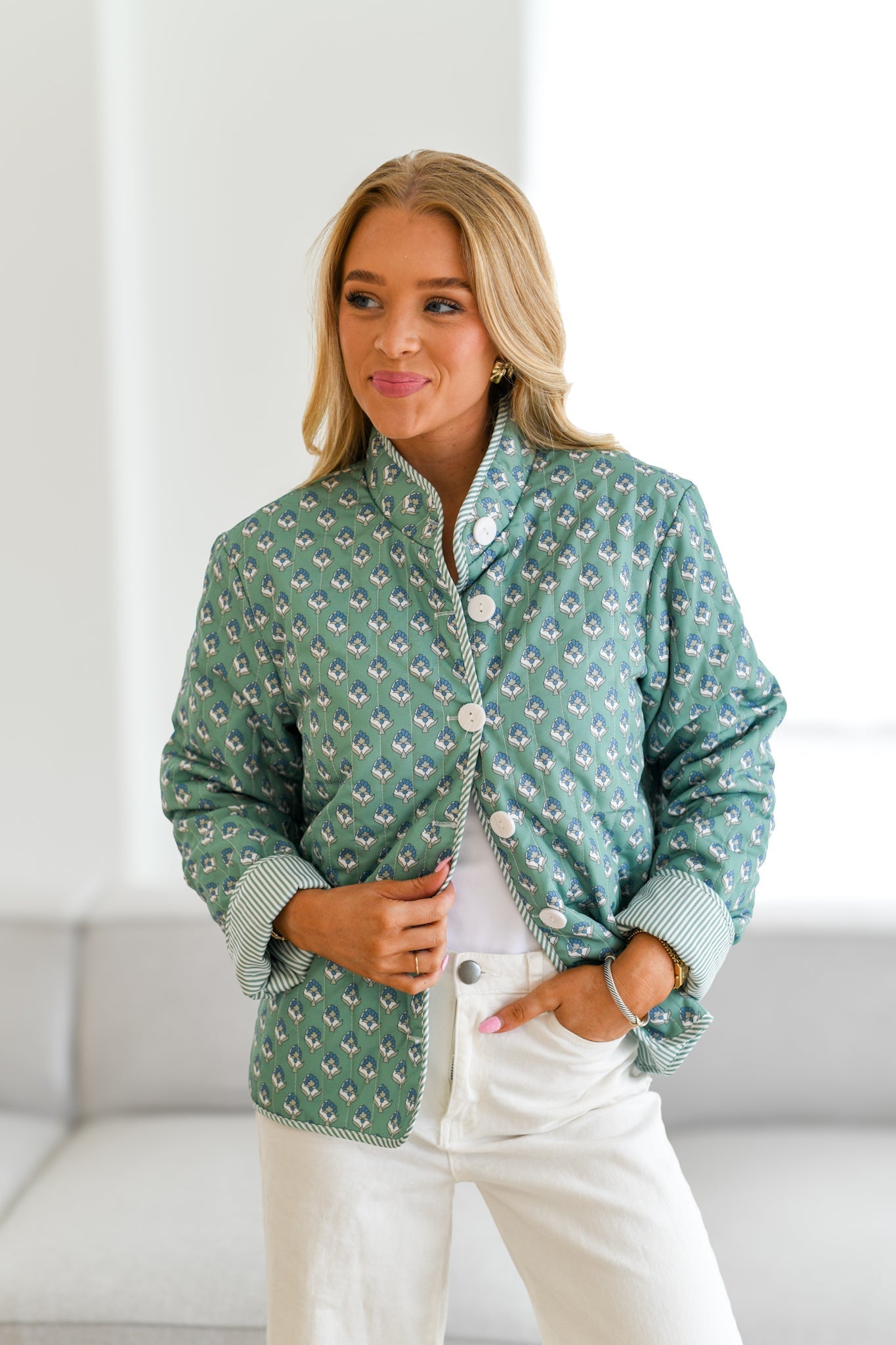 Tiffany Printed Quilted Jacket-Teal Green