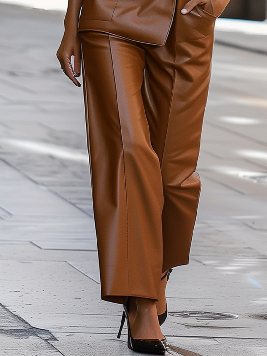 V-Neck Leather Suit Pants Two-piece Set