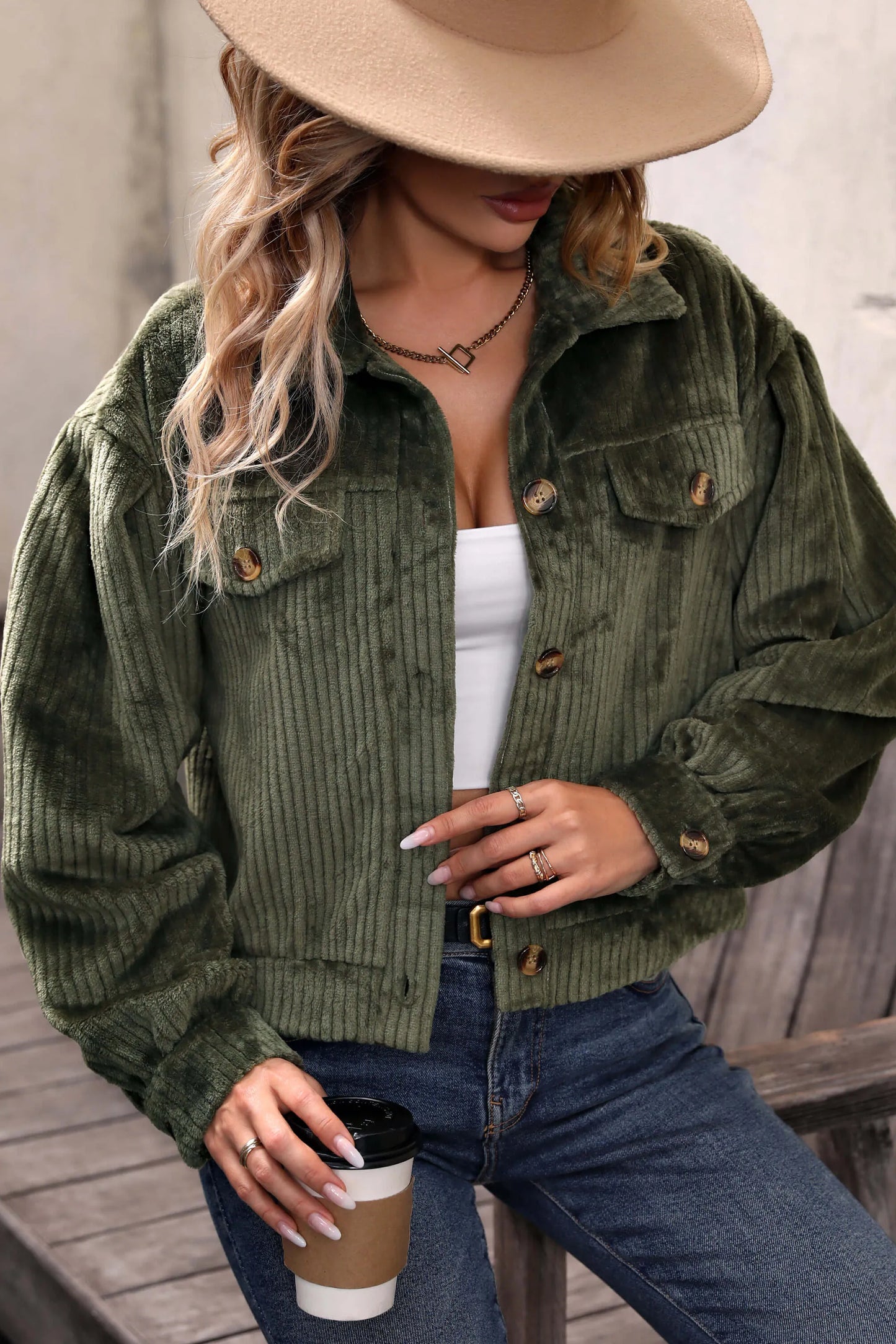 Sabrina Cropped Corduroy Shacket - Olive