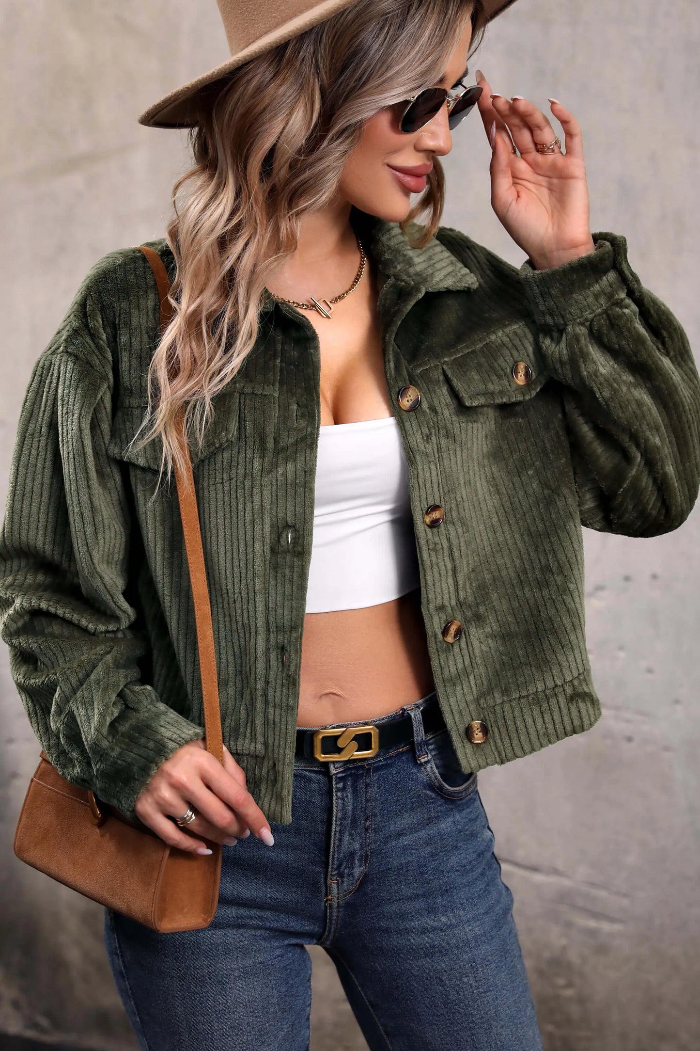 Sabrina Cropped Corduroy Shacket - Olive