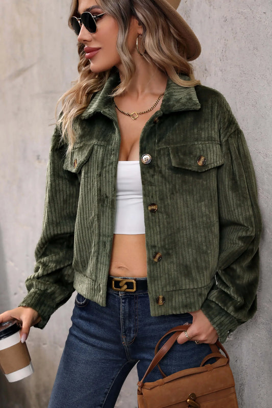 Sabrina Cropped Corduroy Shacket - Olive