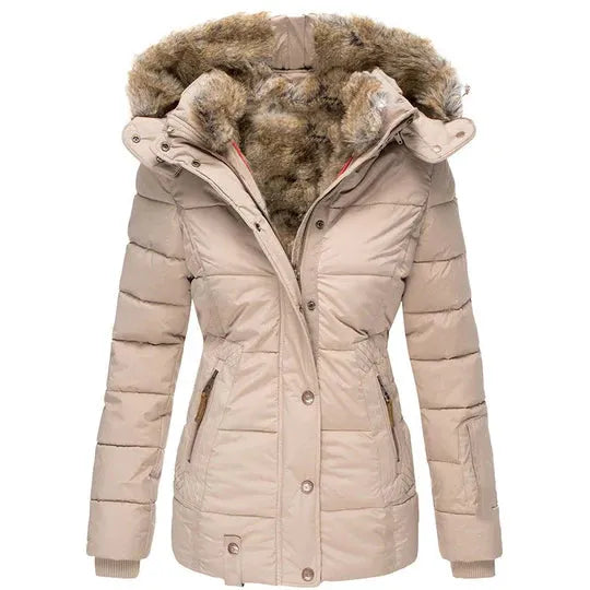 Warm women's coat with fur hood in winter design for autumn/winter