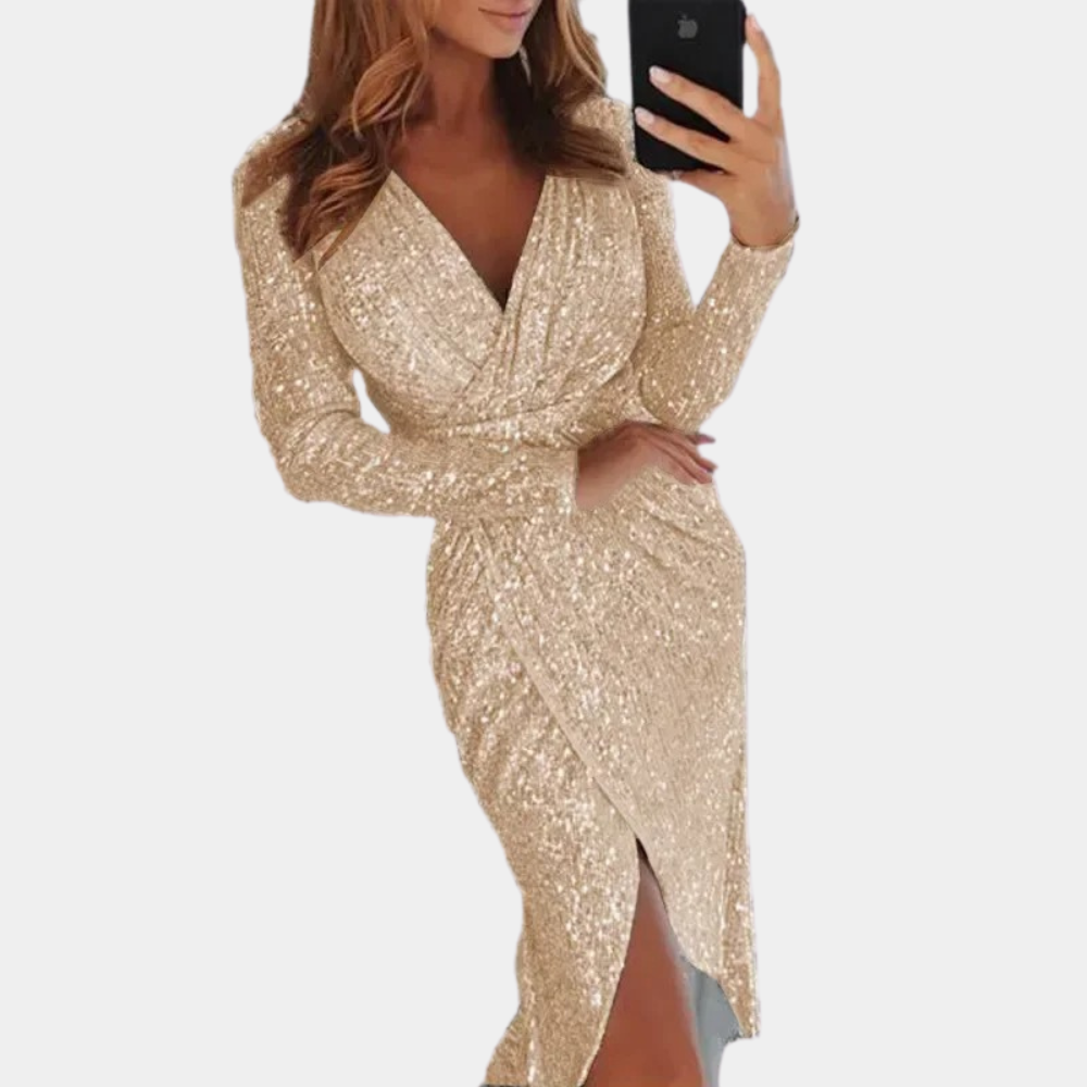 Valerie | Long-Sleeve Wrap Sequin Dress with Slit for Women