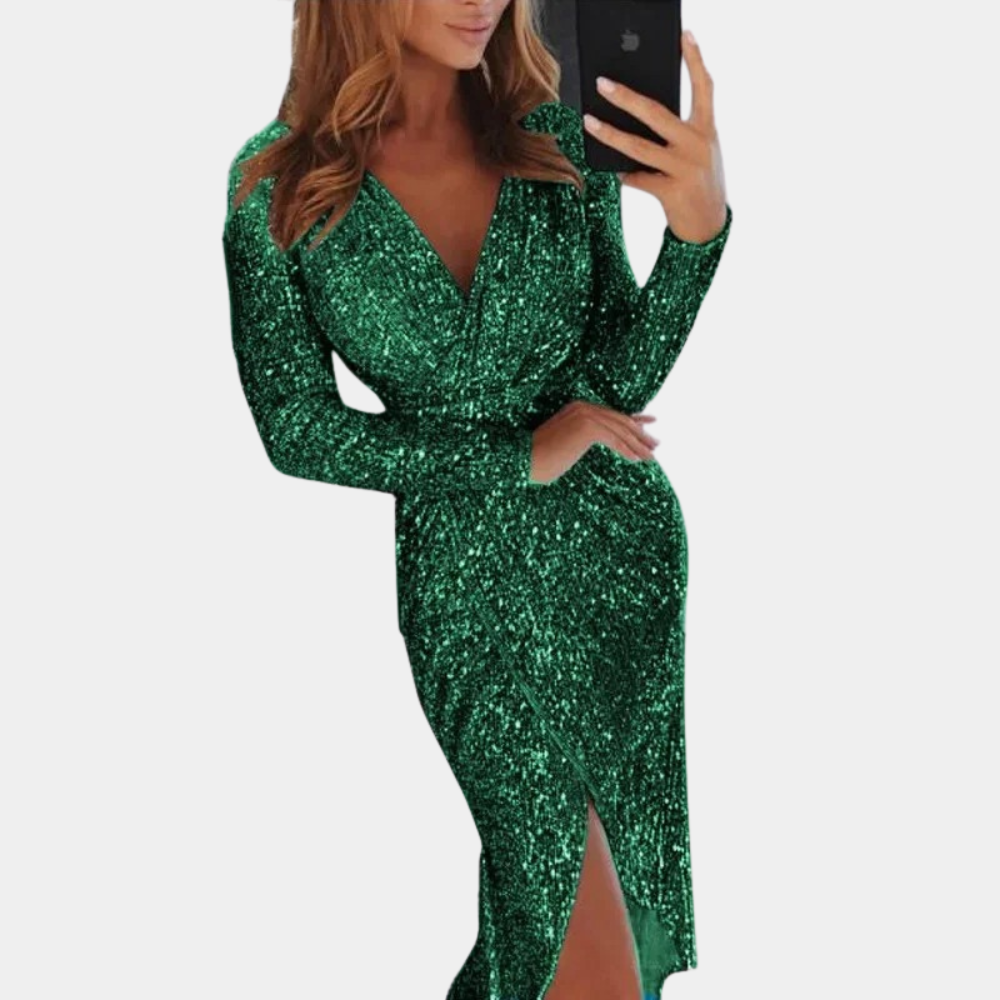 Valerie | Long-Sleeve Wrap Sequin Dress with Slit for Women