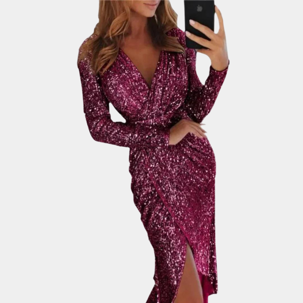 Valerie | Long-Sleeve Wrap Sequin Dress with Slit for Women