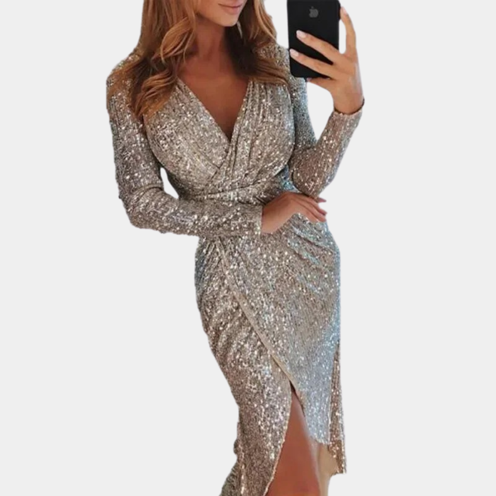 Valerie | Long-Sleeve Wrap Sequin Dress with Slit for Women