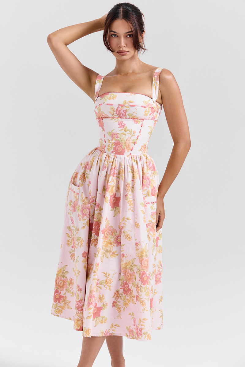 Cybèle Peach Poppy Print Midi Dress