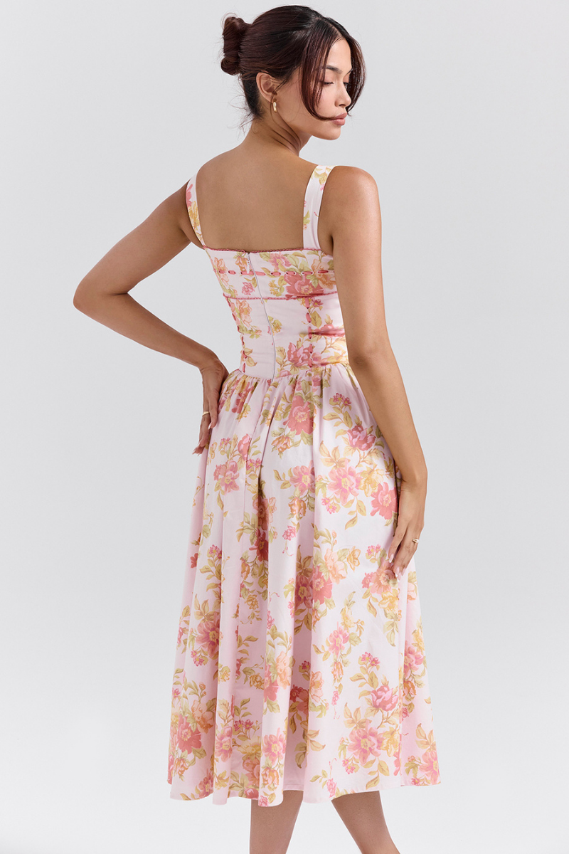 Cybèle Peach Poppy Print Midi Dress