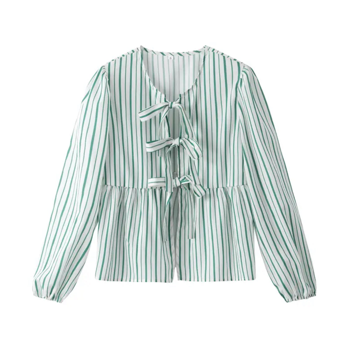 Green Stripes Puff Sleeve Peplum Bow Ties Blouse Short Top