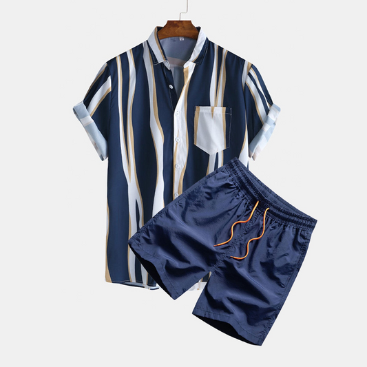 Shirts with Wave Stripes and Swim Shorts with Palm Print